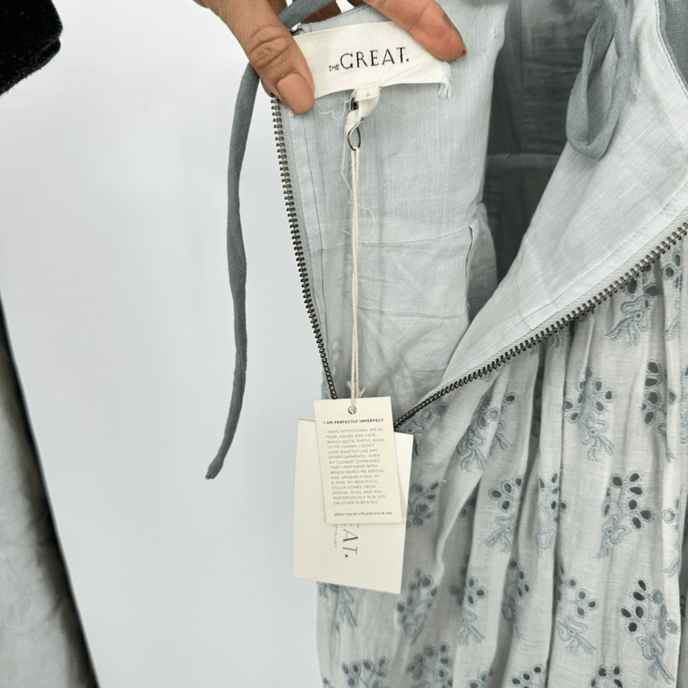 The Great Camelia Midi Dress Size M Dusty Blue Bustier Embroidered Eyelet Boho - Picture 12 of 13